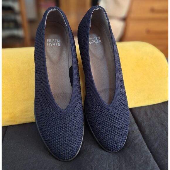 NWOB Eileen Fisher Heaven Stretch Knit Wedge Ballet Flats Women 7.5 Navy Classic